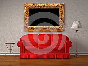 Red sofa, table and lamp with antique frame