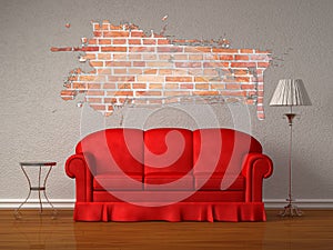 Red sofa with table and stand lamp