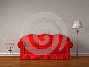 Red sofa with table and stand lamp
