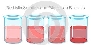Red solution Stages. liquid in the glass lab beaker, container. Light pink to dark burgundy color fluid gradient transition i