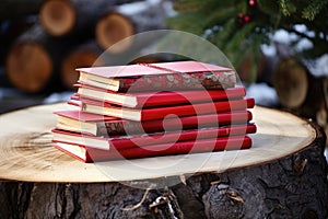 a red songbook of winter carols on a stack of firewood