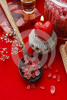 Red spa set: spoon of sea salt, jar of sea salt, bar of soap and