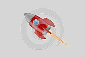 Red space rocket with porthole on gray background