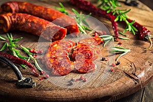 Red Spanish chorizo sausage with herbs and spices