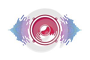 Red speaker and sound waves isolated vector illustration. Logo of vox power