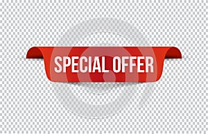 Red special offer banner with shadow on transparent background. Can be used with any background. Vector illustration.