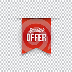 Red special offer banner with shadow on transparent background. Can be used with any background. Vector illustration.