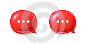 Red speech bubble icons. Chat comment icons set. 3d talk message box with ellipsis. Social media dialog banner. Vector photo