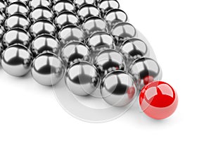 Red sphere leading group of silver spheres, leadership, team or teamlead concept