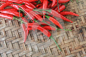 Red Spicy Chili Peppers on Basketwork background