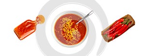 Red Spicy Noodle Soup in White Bowl Isolated Top View, Hot Chili Pepper Ramen Closeup
