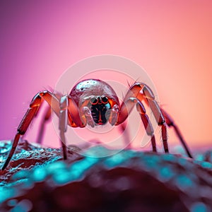 A red spider on a rock in front of an orange background, AI