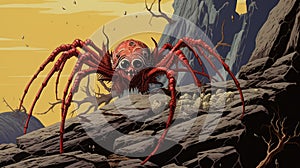 Red Spider On Rock: Surrealistic Illustration In Jamie Hewlett Style