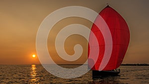 Red spinnaker illuminated by sunset