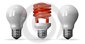 Red spiral light bulb and two white tungsten ones