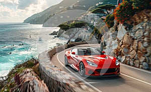 Red sport car driving on the coastal road along the sea and mountains