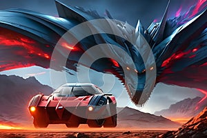 A red sports car chased by a bat-like demon cloaked in armour through a hot desert. AI-Generated