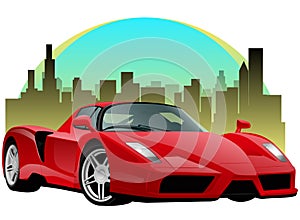 Red Sports Car with Cityscape
