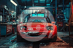 A red sports car with a damaged front bumper is parked in a garage, A red sports car with a damaged front bumper and headlights