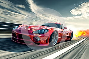 Red Sports Car Driving Down a Road, A red sport car with flames painted on the hood tearing down the straightaway, AI Generated