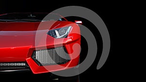 Red sports car, front end and headlights of a sport automobile, race car isolated on black background, 3D render