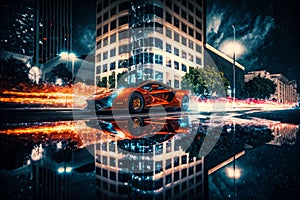 Red sports car in front of tall building on city street. Generative AI