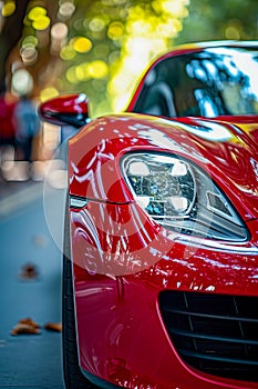 Red sports car has its headlights on reflecting off the shiny wet road. Generative AI