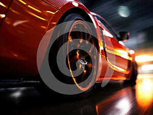 Red sports car in motion, focus on the wheel with clearly visible parts and rim. Lighting and blur emphasize the effect