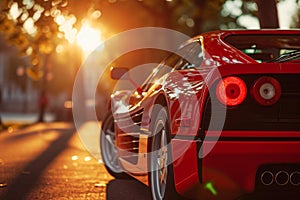 A red sports car is parked alongside the road, with a vibrant and eye-catching appearance, A bright red Ferrari caught in the