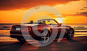 Red Sports Car Parked on Beach at Sunset