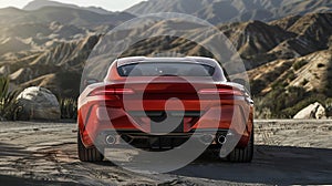 Red sports car parked on dirt road with mountains in background