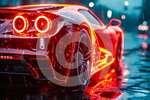 Red sports car in the rain. Generative AI