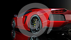 Red sports car, rear end and taillights of a sport automobile, race car isolated on black background, bottom view, 3D render