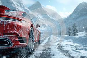 Red sports car on a snow-covered mountain road amidst a winter landscape.