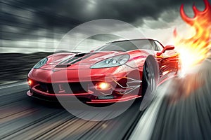 A red sports car speeds around a track as a blazing fireball illuminates the background, A red sport car with flames painted on