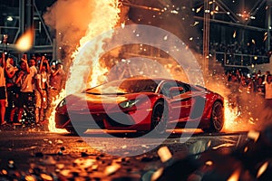 A red sports car stands out amidst a bustling crowd of people, A fiery red sports car in front of a roaring crowd, AI Generated