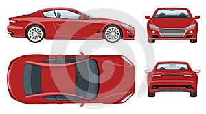 Red sports car vector template. Vehicle branding mockup side, front, back, top view