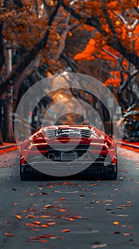 Red sports car zooms down treelined road with sleek hood and bright tail lights