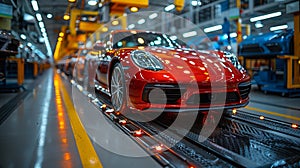 Red sports cars on assembly line in factory with automotive lighting and tires