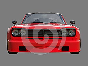 Red sports coupe. Red race car. Retro race. Japanese School tuning. Uniform gray background. Three-dimensional model. Raster illus