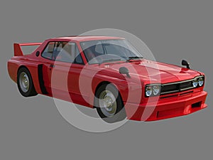 Red sports coupe. Red race car. Retro race. Japanese School tuning. Uniform gray background. Three-dimensional model. Raster illus