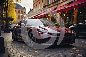 Red sports super concept car on the street of a European city, street racing on expensive exclusive luxury auto, AI Generated