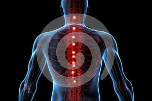 Red spot signifies pain in the spine, man with backache and lower back injury