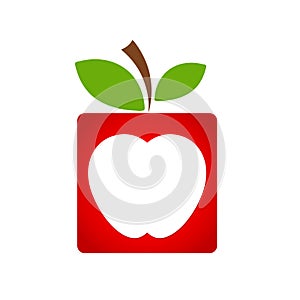 Red square apple fruit icon with green leaf, business concept, s