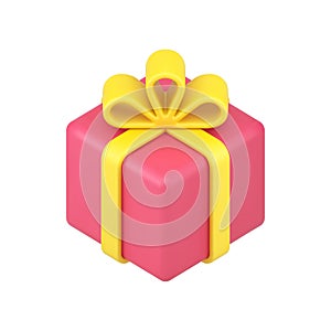 Red square box gift 3d icon. Volumetric surprise with yellow ribbon and bow