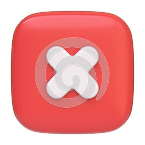 A red square button featuring a white cross isolated on a white background
