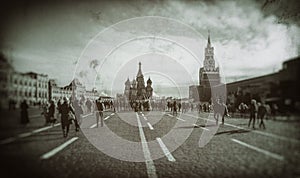 Red Square in Moscow, Russia in vintage style. Red Square remains, as it has been for centuries, the heart and soul of Russia.