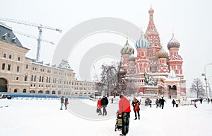 Red Square in Moscow at snowstorm.