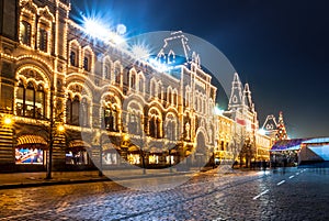 Red Square and Moscow state department store (GUM) at night.
