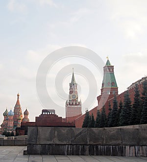Red square in Moscow. Visible wall and towers of the Kremlin, Lenin Mausoleum and St. Basil's Cathedral